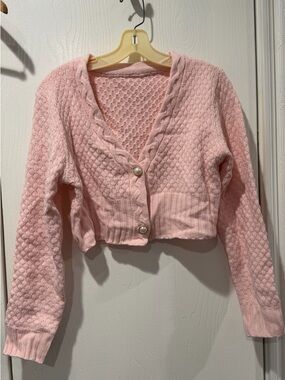 Cropped Pink Cable & Honeycomb Knit Cardigan with Pearl Buttons